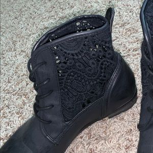 Black faux leather booties. Size 6